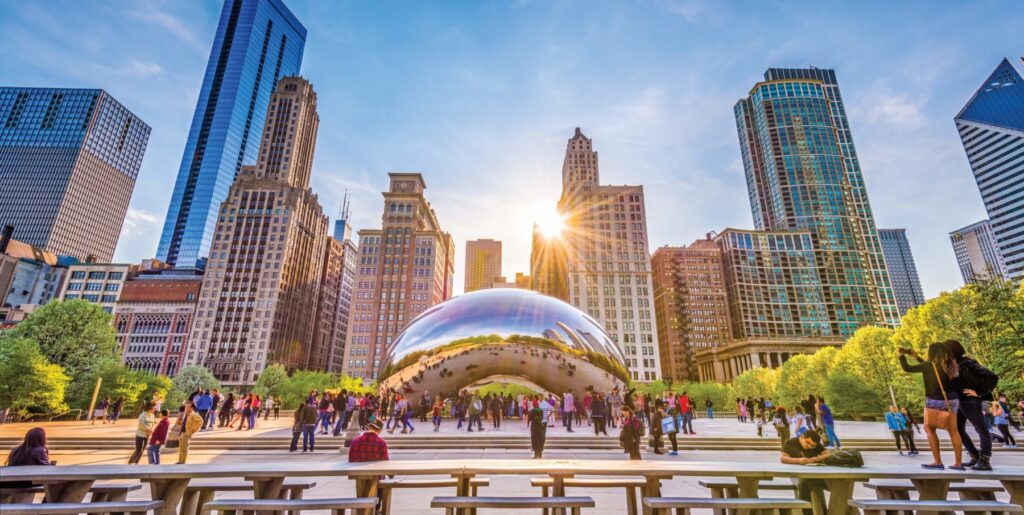 Current image: Image of the Bean with Chicago buildings in the background.